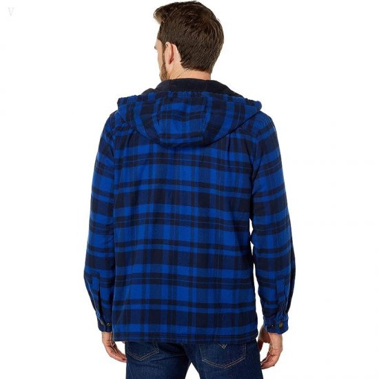 L.L.Bean Fleece Lined Flannel Hooded Snap Front Shirt Slightly Fitted IndigoInk ID-mvz02GM1