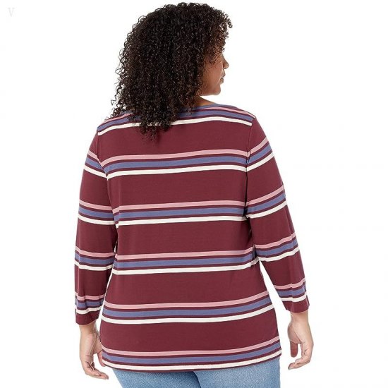 L.L.Bean Plus Size Soft Stretch Supima Boatneck 3/4 Sleeve Stripe Deep Wine Multi Stripe ID-39VjXnO6