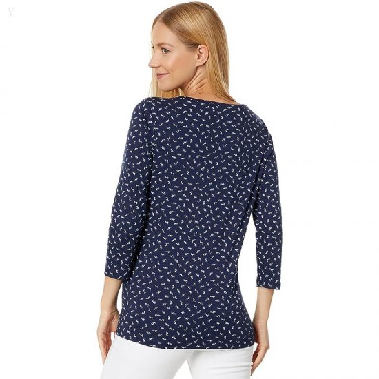 L.L.Bean Pima Cotton Shaped Jewelneck 3/4 Sleeve Print Classic Navy Ditsy Floral ID-8zVR2nbi