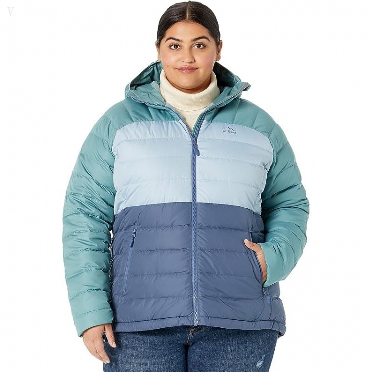 L.L.Bean Plus Size Down Hooded Jacket Color-Block Vintage Indigo/Mineral Blue ID-itcCtQeN - Click Image to Close