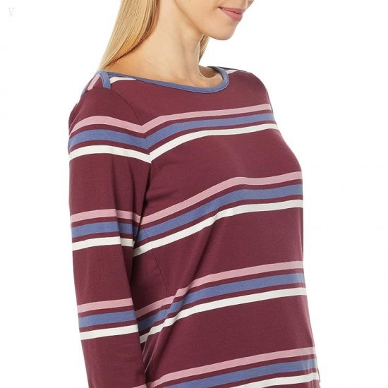 L.L.Bean Soft Stretch Supima Boatneck 3/4 Sleeve Stripe Deep Wine Multi Stripe ID-En2DmqXz