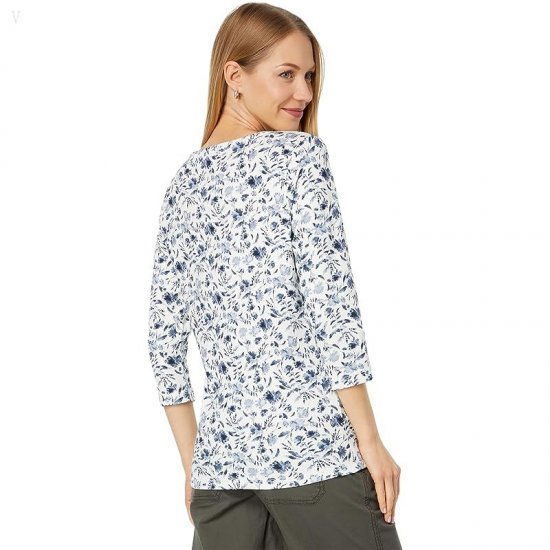 L.L.Bean Pima Cotton Shaped Jewelneck 3/4 Sleeve Print Sea Salt Watercolor Floral ID-TghuSQus