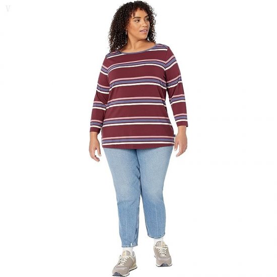 L.L.Bean Plus Size Soft Stretch Supima Boatneck 3/4 Sleeve Stripe Deep Wine Multi Stripe ID-39VjXnO6