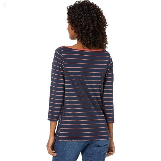 L.L.Bean Soft Stretch Supima Boatneck 3/4 Sleeve Stripe Classic Navy/Chili ID-y1CcRvzC