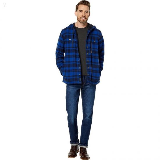 L.L.Bean Fleece Lined Flannel Hooded Snap Front Shirt Slightly Fitted IndigoInk ID-mvz02GM1