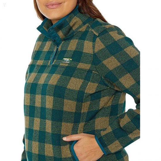 L.L.Bean Sweater Fleece Pullover Print Eucalyptus/Spruce Buffalo Plaid ID-PDisePsH