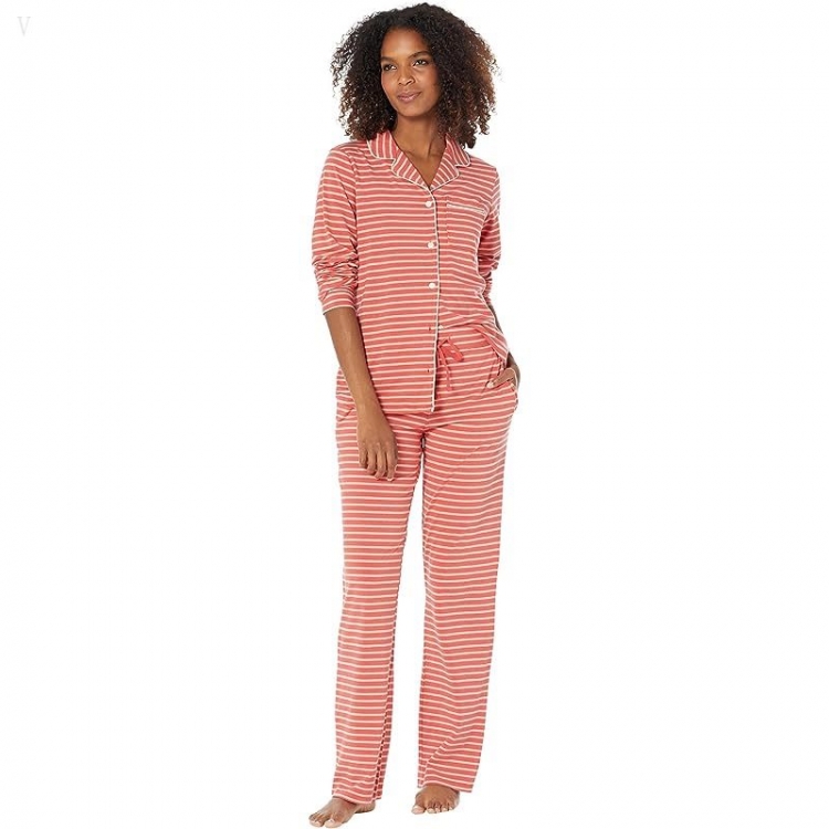 L.L.Bean Super Soft Shrink-Free Button Front Pajama Set Stripe Deep Coral ID-u9k1fbKb - Click Image to Close